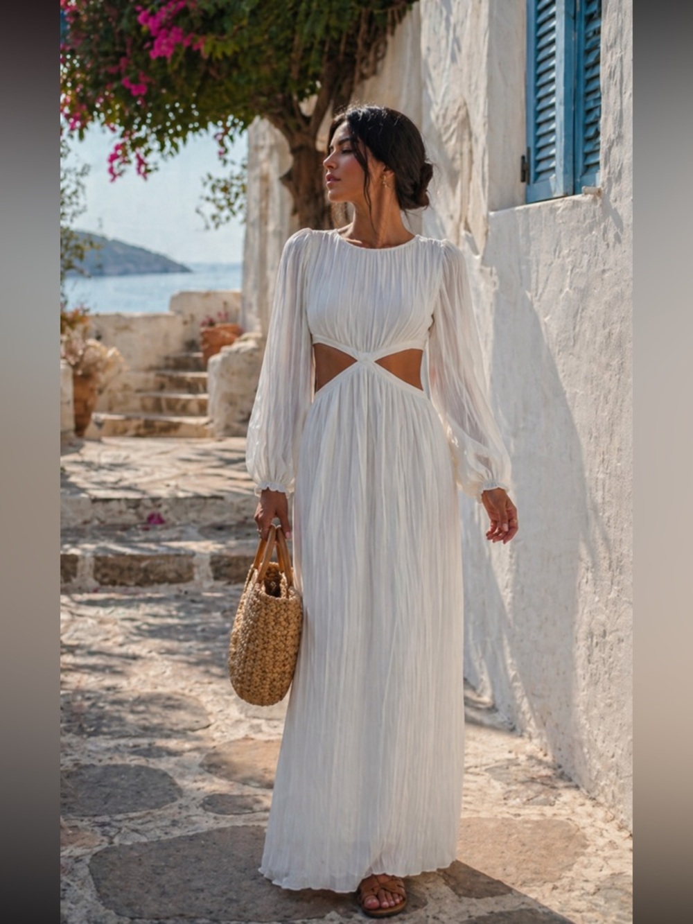 Zara White Long Sleeve Cutout Midi Dress